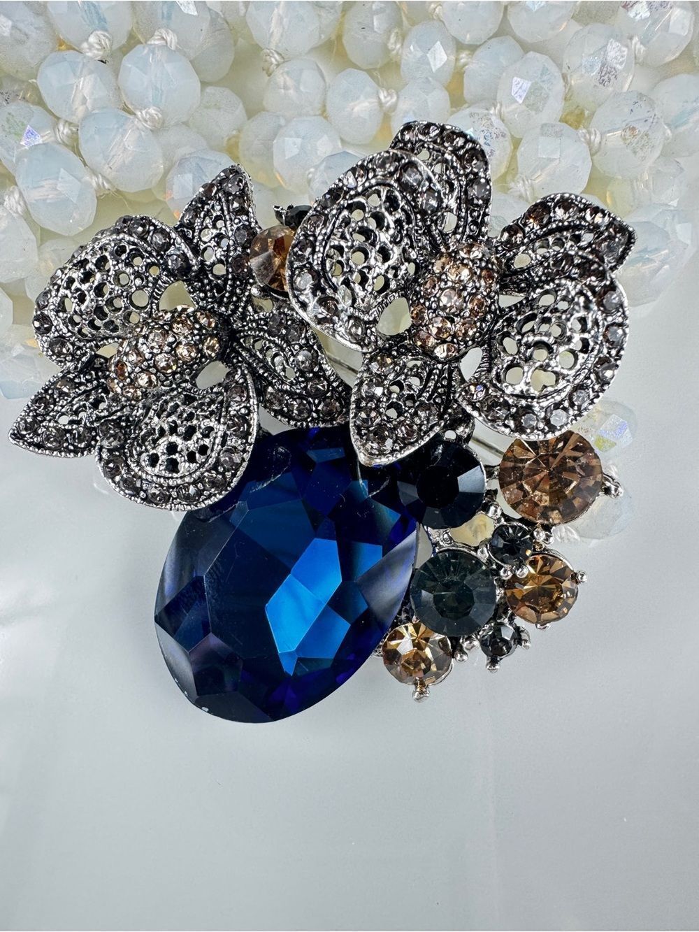 Cobalt Blue Floral Crystal Brooch by Vintage